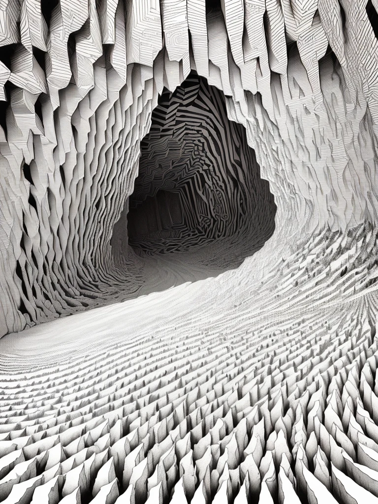 A black and white photo of a hole in the ground, Optical illusion illustration, Pen and ink on paper, Abstract cave scene, Stanley Donwood, Corrugated electromagnetic, Perfect pen and ink line art, Pen and ink illustration, Optical illusion woodcut, Complex line drawing, cross contour, Detailed ink illustrations, fluid lines, in style of Stanley Donwood