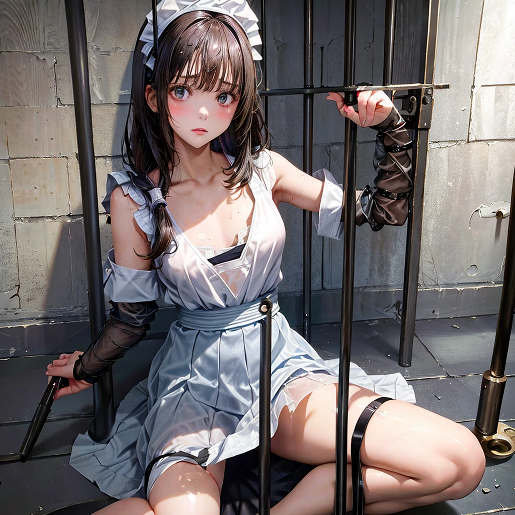 Woman sitting on the floor of a prison cell,perpetrator、confinement、srestrained、 Bind、Tied arms behind、sitting in a prison, in a prison cell, stood in a cell, sitting in a dark prison cell, in the Prison, in prison, in a small prison cell, the woman is Behind bars, promo still, prisoner, prison cell, prison, Behind bars, with prison clothing, young skinny maid girl, short skirt, spread legs showing white panties, olivia pope, tv show still,torn clothes、A maid uniform torn to pieces,Behind bars, promo still, prisoner, prison cell, prison, Behind bars,A bra with wet and see-through、teats see through、