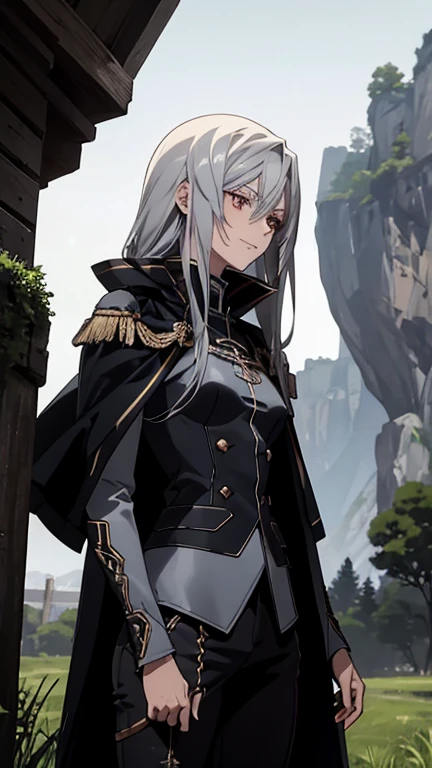 (Confused, High resolution, Very detailed), 1 female, Silver Hair,Long Hair,Crimson Eyes,Blue and black military uniform,24th generation,beauty,mature,thin,quiet,Calm,A small smile,Long Cape,Slender and thin,,skinny pants,grassland,cliff,Small breasts,