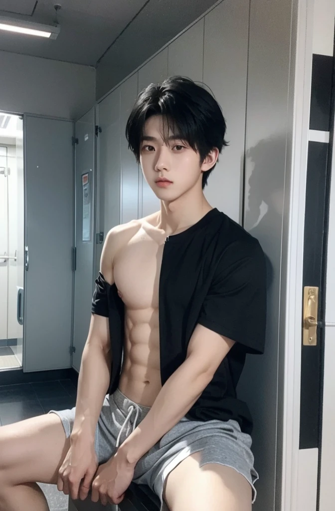 One boy、Beautiful Boy、18-year-old、Japanese Boy、Beautiful Boy、Black Hair、locker room、sit、Upper body naked、Shorts、Change of clothes