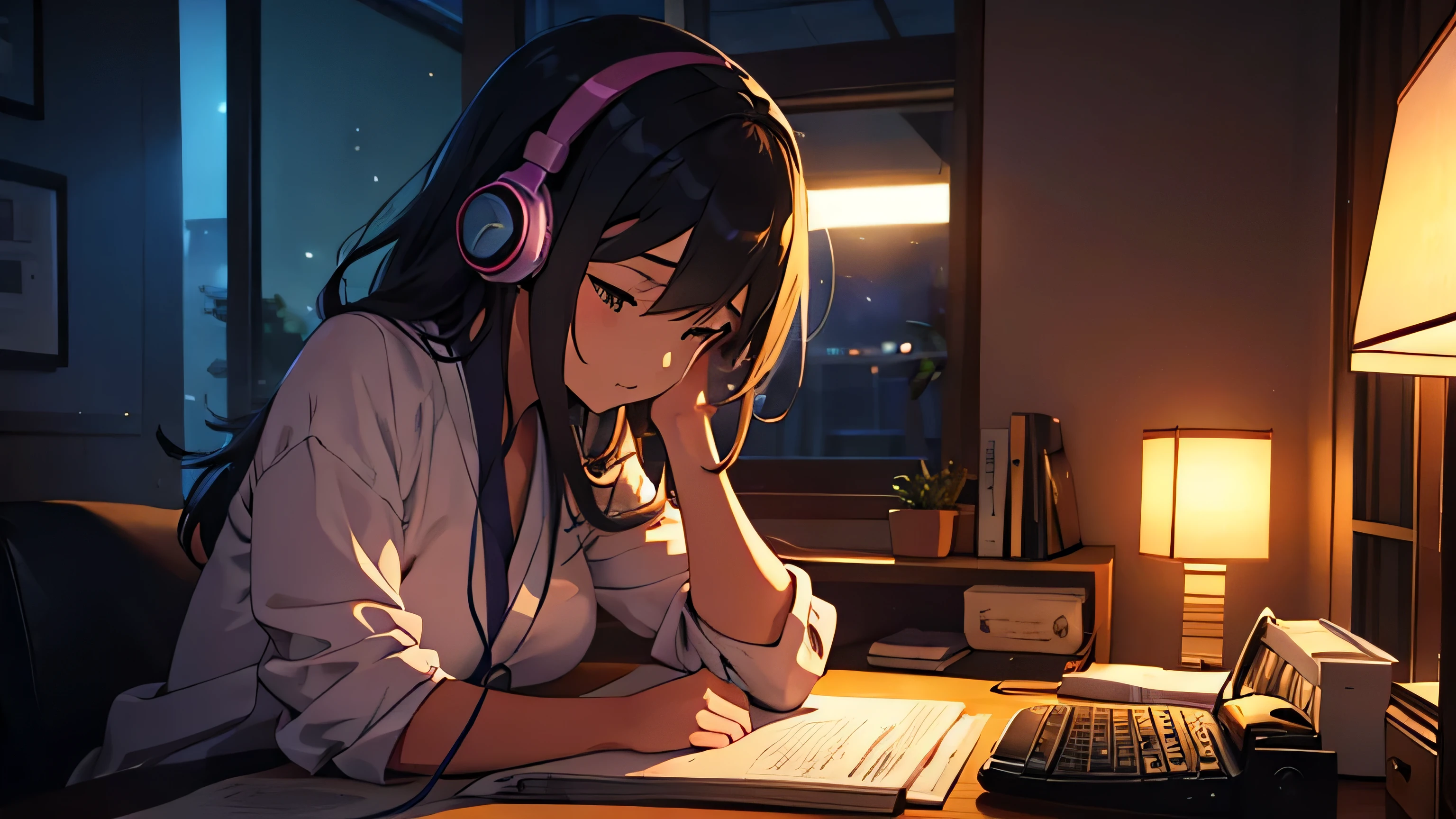 A woman studying in her room while listening to music with headphones、Warm lighting、Outside the room, the night lights、Japanese anime style