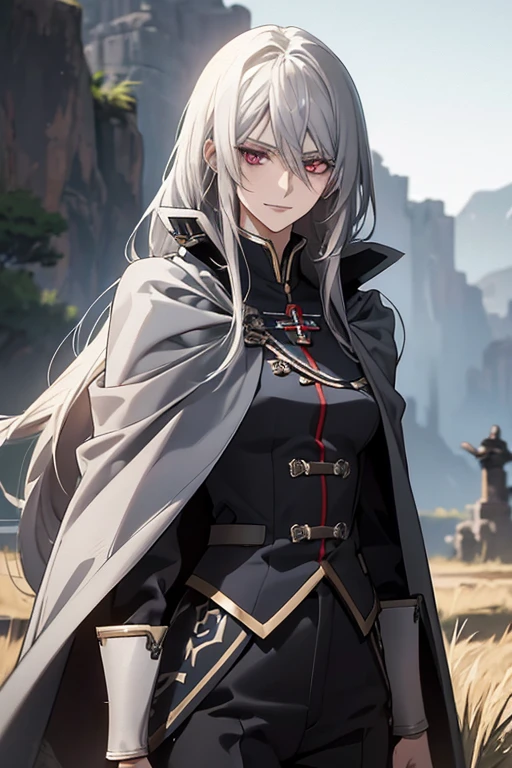 (Confused, High resolution, Very detailed), 1 female, Silver Hair,Long Hair,Crimson Eyes,Blue and black military uniform,24th generation,beauty,mature,thin,quiet,Calm,A small smile,Long Cape,Slender and thin,,skinny pants,grassland,hill,Small breasts,