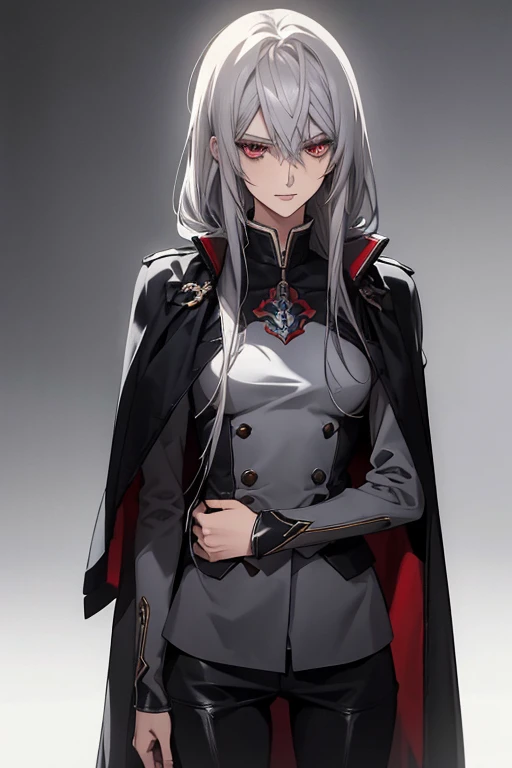 (Confused, High resolution, Very detailed), 1 female, Silver Hair,Long Hair,Crimson Eyes,Blue and black military uniform,24th generation,beauty,mature,thin,quiet,Calm,A small smile,Long Cape,Slender and thin,,skinny pants,grassland,hill,Small breasts,