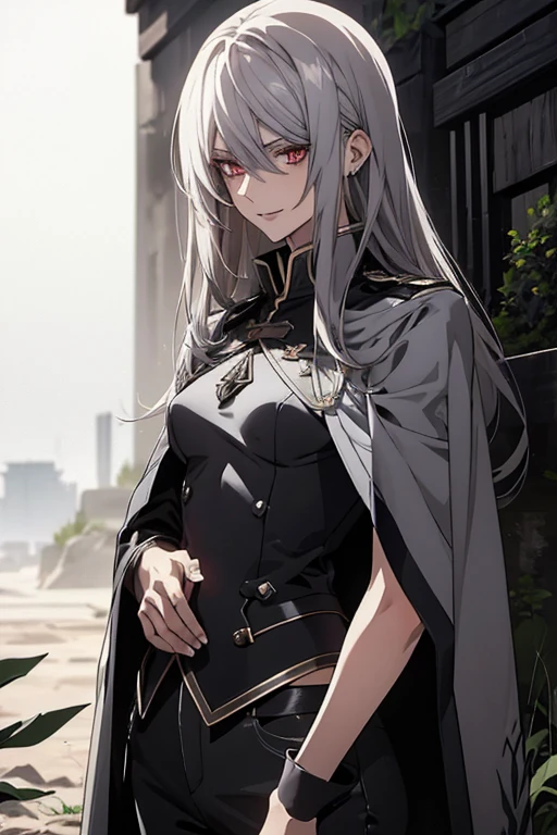 (Confused, High resolution, Very detailed), 1 female, Silver Hair,Long Hair,Crimson Eyes,Blue and black military uniform,24th generation,beauty,,thin,quiet,Calm,A small smile,Long Cape,Slender and thin,,skinny pants,grassland,hill,Small breast