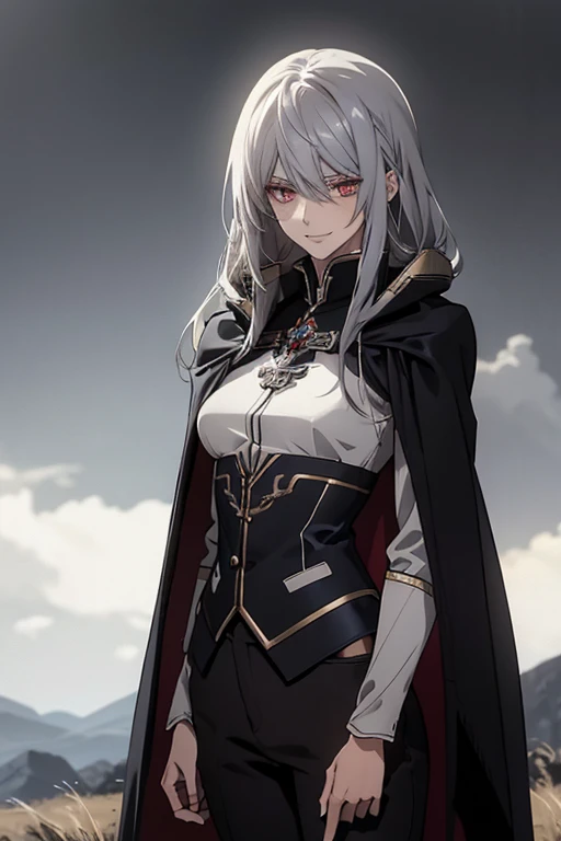 (Confused, High resolution, Very detailed), 1 female, Silver Hair,Long Hair,Crimson Eyes,Blue and black military uniform,24th generation,beauty,mature,thin,quiet,Calm,A small smile,Long Cape,Slender and thin,,skinny pants,grassland,hill,Small breasts,