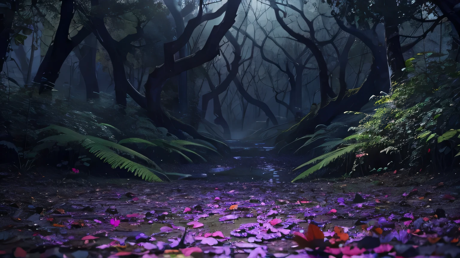 Highest quality Black dead leaves on the ground The background is a forest at night with black rain falling Photorealistic Fantasy