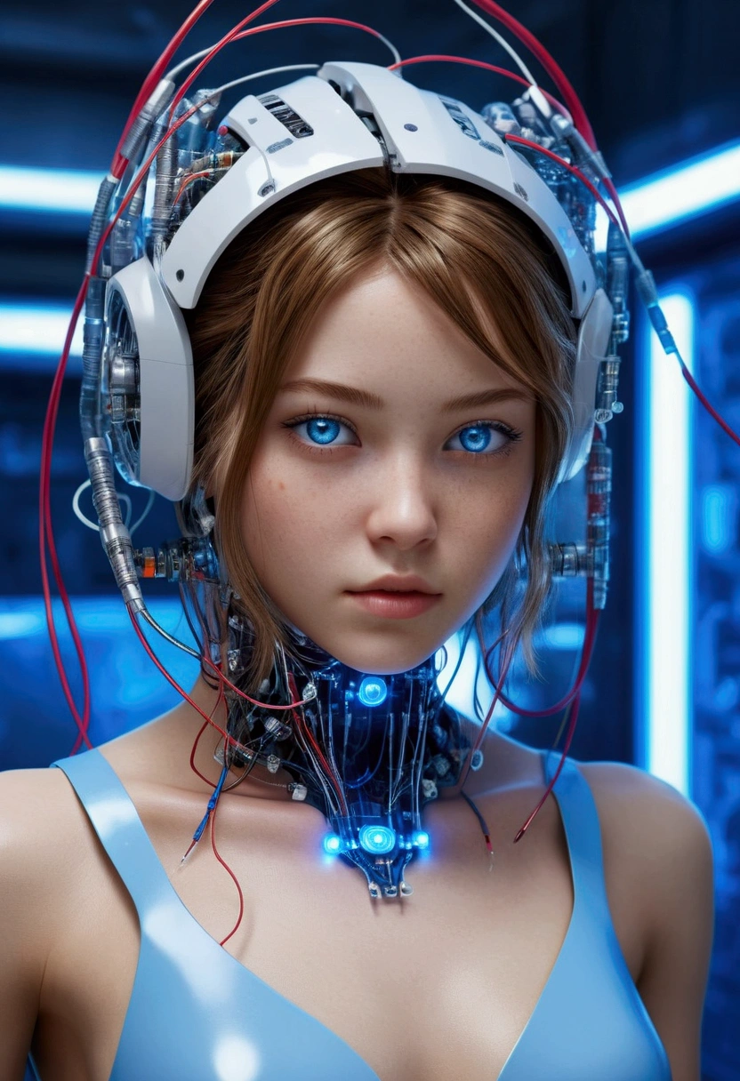 (highest quality, High resolution, masterpiece:1.2), Super detailed, realistic:1.37, (perfect ???????),1 girl,cowboy shot,full body portrait,, (A cute and perfect Japanese cyborg:0.6), 20-year-old, (blue led eyes:1.2),  detailed facial features, complicated hair, (transparent glass body:1.33,) (Electronic components inside the body can be clearly seen:1.4) ,,detailed connection lines,  futuristic hair ornament,(Wires and cables connected to the body:1.3),  cybernetics, cyber punk,  intricate decorative details, The background is the interior of a robotic operating room..,