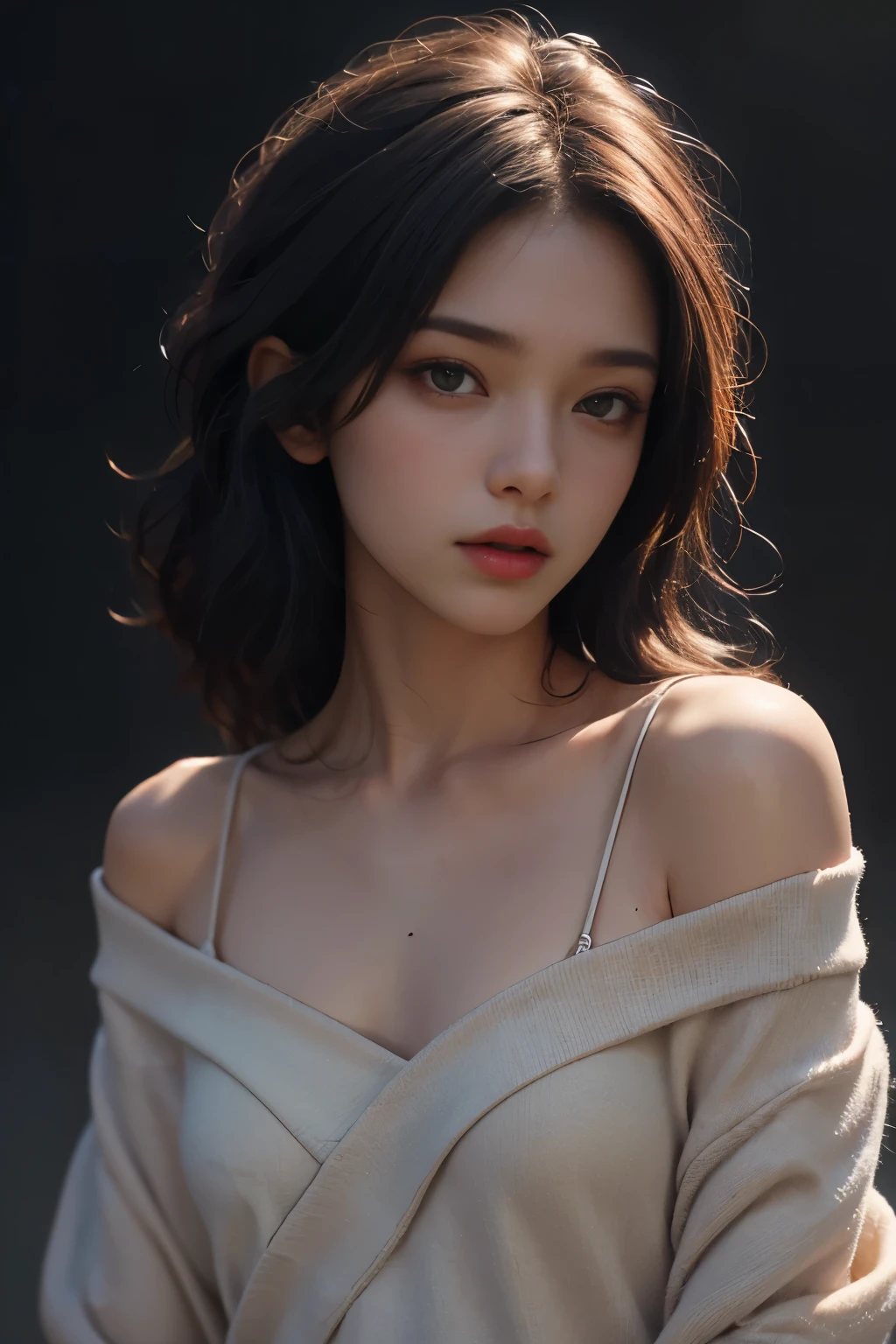 Best quality, masterpiece, ultra high res, (photorealistic:1.4), raw photo, 1girl, off shoulder, cinematic lighting,A beautiful girl,Shoulders exposed skin,Flat Chest,Small breasts,