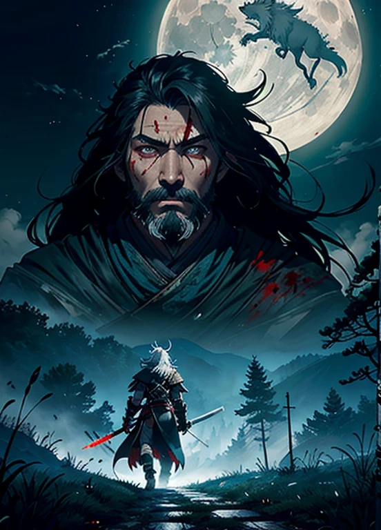 RageALot, the Fallen Beast is a legendary wolf warrior and the founder of the Wolf Clan. He is an old man with white hair and beard, left eye scared from battles, wearing a blue torn leather with blood spots and a white dark cloak. He carries a katana and a spear.
He awaits Sekiro in the great grass field where he first fought Genichiro Ashina, his grandson. The field is covered with blood and corpses of soldiers who died in the battle. The sky is dark with full moon, and lightning flashes occasionally. Isshin emerges from Genichiro’s body after he sacrifices himself to revive him using the Black Mortal Blade. He respects Sekiro as a worthy opponent and challenges him to a final duel for the fate of Ashina.
moon, dark theme, light, fantasy,