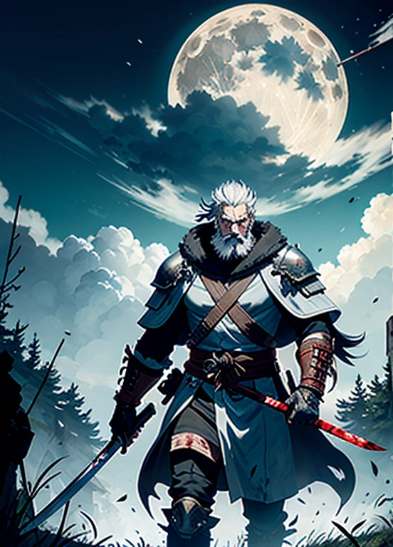 RageALot, the Fallen Beast is a legendary wolf warrior and the founder of the Wolf Clan. He is an old man with white hair and beard, left eye scared from battles, wearing a blue torn leather with blood spots and a white dark cloak. He carries a katana and a spear.
He awaits Sekiro in the great grass field where he first fought Genichiro Ashina, his grandson. The field is covered with blood and corpses of soldiers who died in the battle. The sky is dark with full moon, and lightning flashes occasionally. Isshin emerges from Genichiro’s body after he sacrifices himself to revive him using the Black Mortal Blade. He respects Sekiro as a worthy opponent and challenges him to a final duel for the fate of Ashina.
moon, dark theme, light, fantasy,