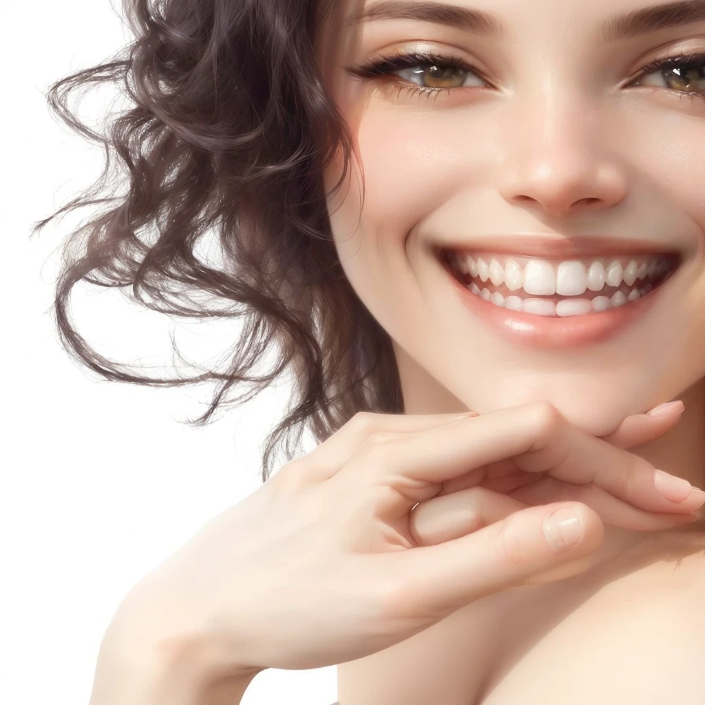 smiling woman and a white shirt holding her hand on her chin, Charming smile, perfect smile, smiling woman, beautiful smile, Beautiful and smiling, Beautiful white teeth, Welcoming smile, A cute smile, Soft, moist lips, smiling brightly, Fashion model smiling face, ด้วยbeautiful smile, The girl smiled., Beautiful smile, ใบหน้าBeautiful smile, Face of a happy fashion model