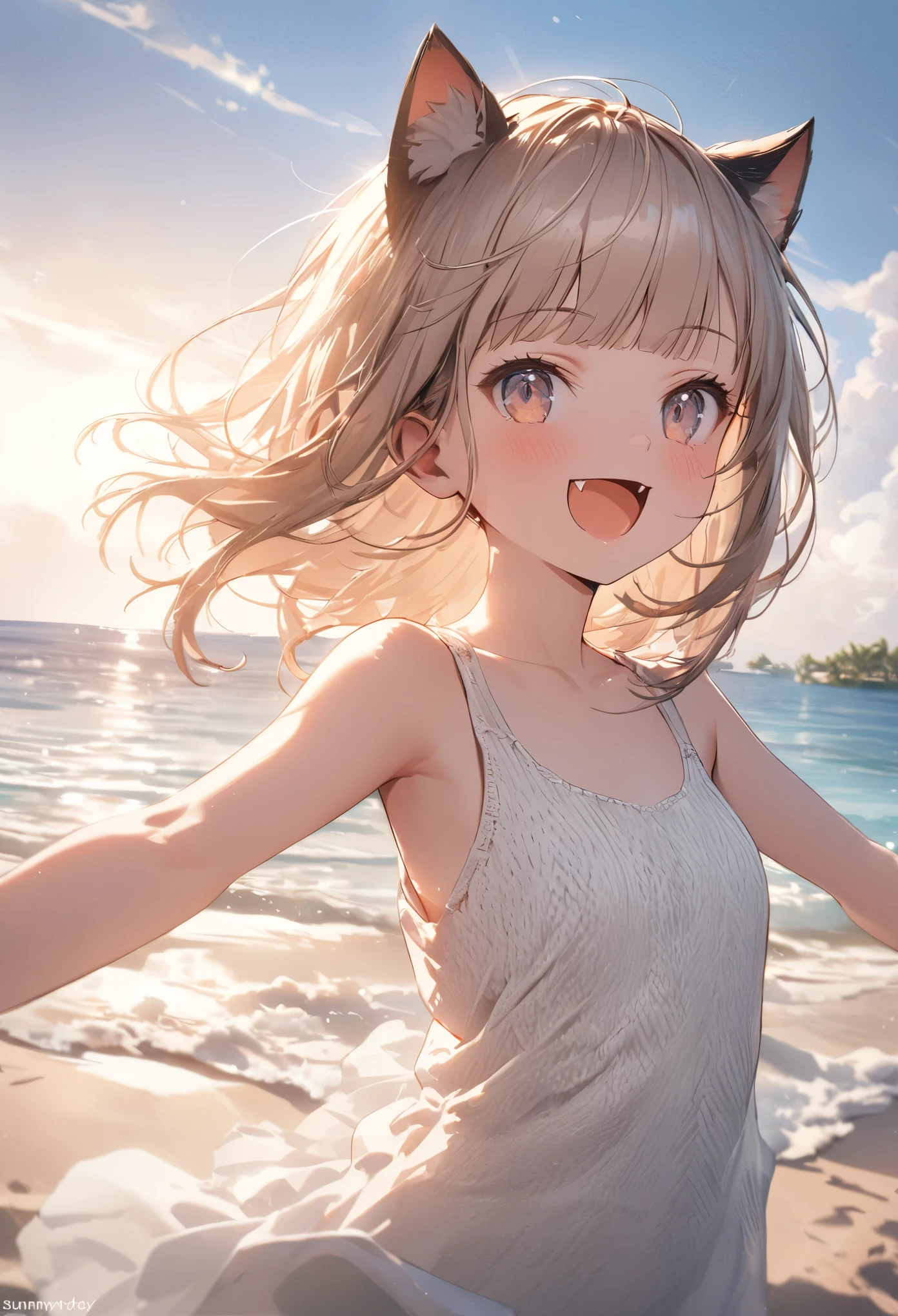 ((Masterpiece)), ((best quality)), (ultra-detailed), ((kawaii)), ((extremely detailed)), 4K, (8K), (super detail:1.2),(High Definition:1.3), (Professional Photography:1.2), cinematic lighting, (sharp focus), (perfect light), ((1girl)), ((12 years old)),8K, Glossy skin, cinematic lighting, 1girl, wide-shot, (Knit fabric tank top), (Cute innocent teenage girl), slendar body, small breast, glossy medium hair, (loose blunt bangs), ((:d)), open mouth, fang out, (grinning), beautiful collarbones, (slightly exposed shoulders), (put on Cat ears), pale brown hair, Hair that flutters in the wind, BREAK, ((best quality)), ((extremely detailed)), Spread arms wide, (Relaxing on the Zanzibar Island), ((Seaside Resorts)), sunnyday, Beautiful Horizon Background,