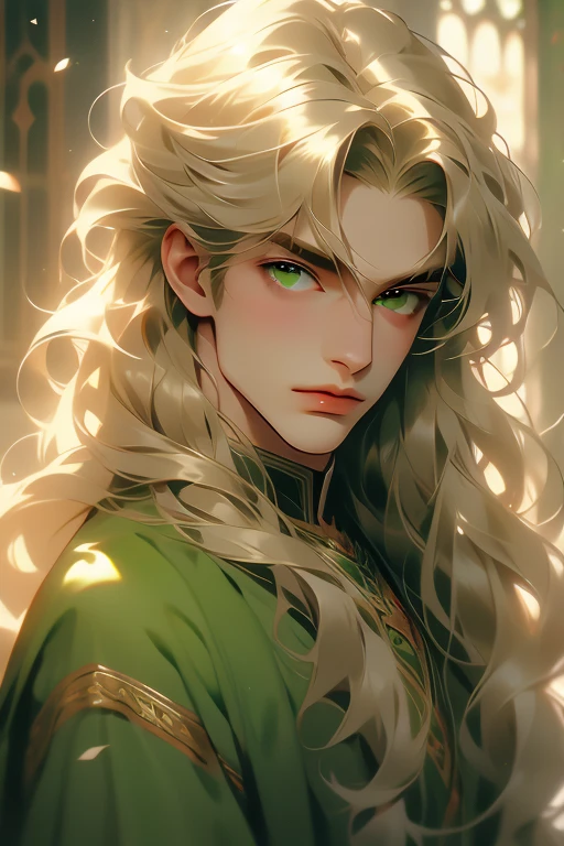 handsome masculine man, green eyes, ash blond hair, shoulder length long hair, green medieval noble clothes, light skin