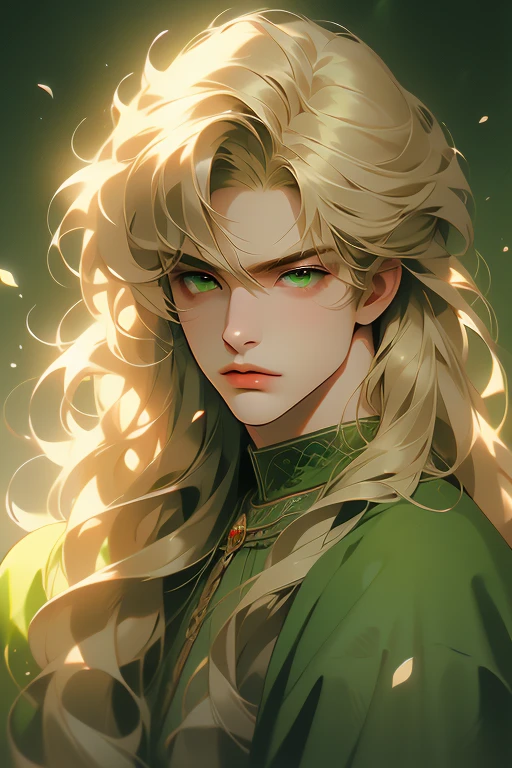 handsome masculine man, green eyes, ash blond hair, shoulder length long hair, green medieval noble clothes, light skin