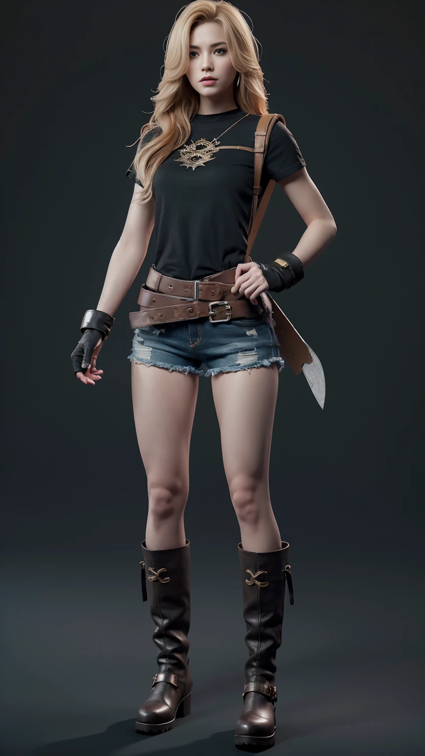 woman, Standing cartoon design of game character，Monsters from Hell，tall boots, short pants, short，Strong limb explosions，Covered in scales and splinters，cunning，dark，strange，terrorist，scythe，Fighting posture ，（full body lesbian：1.4），with black background，clean backdrop，depth of fields，highlight，True Light，Ray Tracing，OC Renderer，UE5 Renderer，Hyper-Realistic，Best Quality，8K，Masterpieces ，superfine，Detailed pubic hair，correct anatomy，