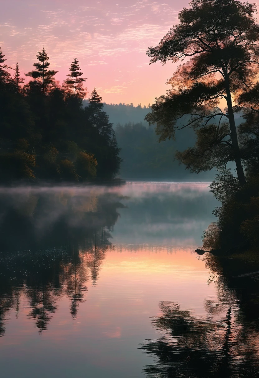 "On the horizon early in the morning, when the sun is just beginning to rise, a quiet lake appears, reflecting heavenly shades of pink and gold. A lonely artist sits with an easel by the lake, lost in his thoughts. A light mist swirls over the water, creating a mysterious atmosphere. Flowers grow around and trees, their leaves rustling softly in the wind,
adding the sound of nature to this peaceful moment. This landscape represents harmony and tranquility, inviting the viewer to stop and enjoy the beauty of the moment." 8K, super detail, peaceful atmosphere, dreamy landscape, morning light, soft colors, nature in harmony, calm sound, creative composition, misty lake,
inspiration, painterly style, light and shadow, natural beauty.
