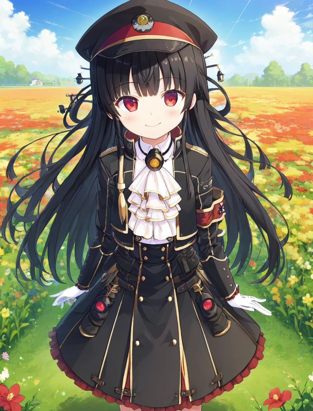 Black Hair,Red eyes,bangs,Long Hair,
8620 \(uniform\),hunting,White gloves,Black jacket,Black Skirt,Black Hat,White Ascot,Armband,
smile,Mouth closed,
Are standing,
Outdoor,blue sky,Flower Field,
Upper Body,