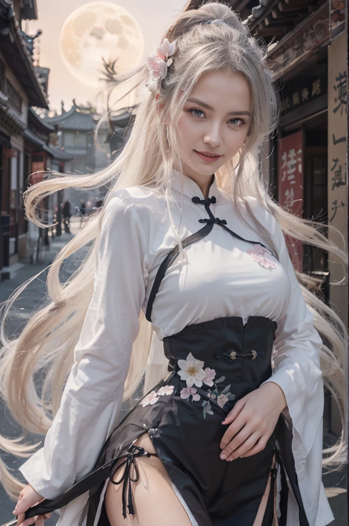 Masterpiece, Best Quality, Night, Full Moon, 1 Girl, Mature Woman, Chinese Style, Ancient China, Sister, Royal Sister, Cold expression, expressionless face, Silver white long haired woman, Blue eyes, Light pink lips, Beautiful teeth smile, Smiling, Open mouth,Calm, Intellectual, Three belts, Gray pupils, Assassin, Short knife, Flower ball background, Strolling in the street scenery