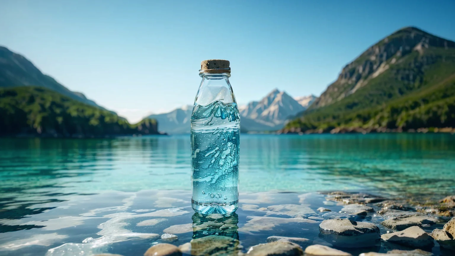 a close up of a bottle of agua on a rocky beach, agua in background, agua, crystal agua, mountain agua, tansparent agua, crystal clear agua, clear agua, detailed agua, transparent agua, beautiful agua, ultra detailed agua, Lago detallado en segundo plano, realistic agua, agua agua, filled with agua, crystal clear blue agua, pristine agua