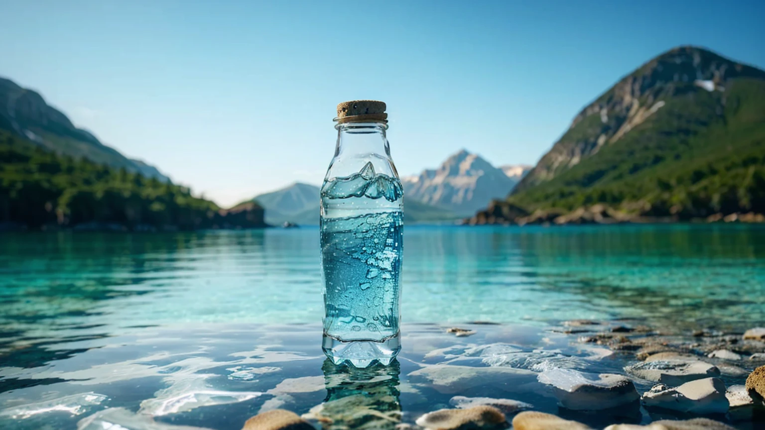 a close up of a bottle of agua on a rocky beach, agua in background, agua, crystal agua, mountain agua, tansparent agua, crystal clear agua, clear agua, detailed agua, transparent agua, beautiful agua, ultra detailed agua, Lago detallado en segundo plano, realistic agua, agua agua, filled with agua, crystal clear blue agua, pristine agua
