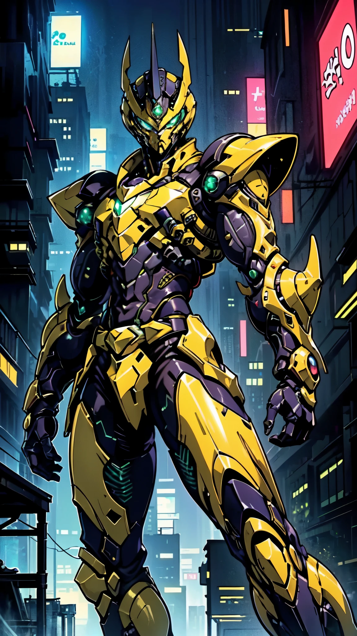 (masterpiece:1.5, best quality:1.5, extremely delicate:1.5, foreshortening:1.5, dynamic angle:1.5), a man wearing a full-face helmet, a fantasy-style biotech armored combat suit, green eyes, (a composite layered chest armor), fully enclosed shoulder guards, matching arm and leg guards, the belt is adorned with neon circuitry, (the color scheme is primarily black with green white accents), the design balances heavy with agility, a high-tech bio-mecha armor, (Armor Concept Inspired by neon Cyberpunk, stand on the top of a skyscraper in a futuristic sci-fi city), this character embodies a finely crafted fantasy-surreal style armored hero in anime style, exquisite and mature manga art style, (element, plasma, energy, the armor glows), ((male:1.5)), metallic, high definition, highres, ultra-detailed, ultra-fine painting, professional, perfect body proportions, golden ratio, anatomically correct, symmetrical face, extremely detailed eyes and face, high quality eyes, creativity, RAW photo, UHD, 32k, Natural light, cinematic lighting, masterpiece-anatomy-perfect