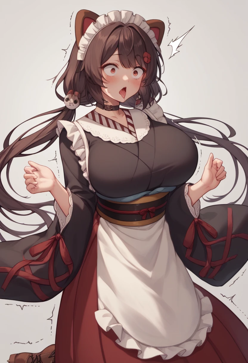 it1, flower, twintails, low twintails, very long hair, dog girl
choker, maid headdress, black kimono, wide sleeves, frills, obi, white apron, sleeves past wrists, skirt, red skirt, brown footwear, cross-laced footwear、Huge breasts、blush、surprised、trembling、Huge penis、Upper Body、tongue out、
ahegao、drool、from the front、face