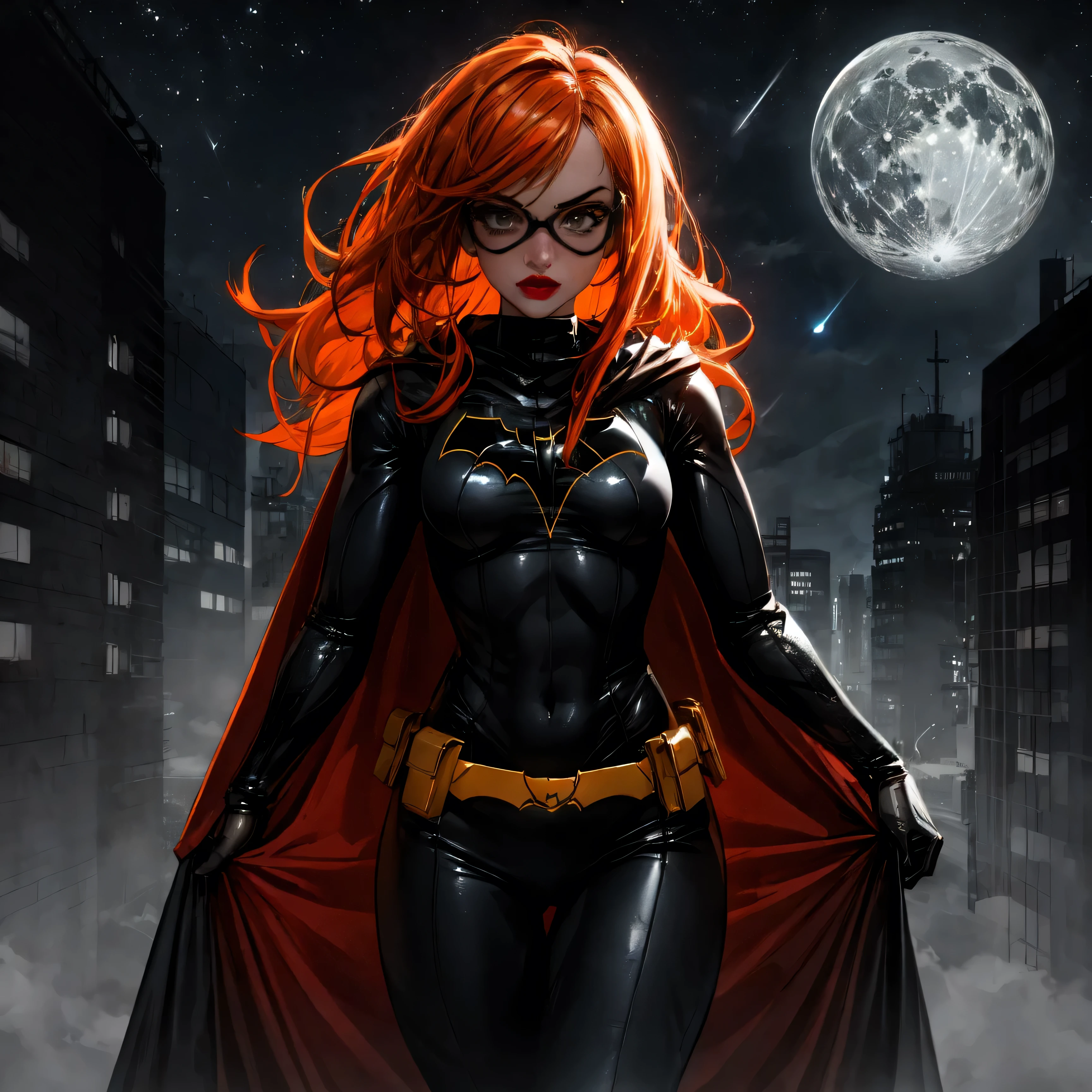 1girl, (solo), cowboy_shot, medium_shot, mid_shot, thighs, looking at viewer, Look directly, batgirl, batgirl, suit, orange hair, cape, bodysuit, cape, lipstick, covered legs, city, (night), white moon, (very sexy body, detailed face, masterpiece, highly detailed, 8k, best quality, vibrant colors, digital art, concept art)