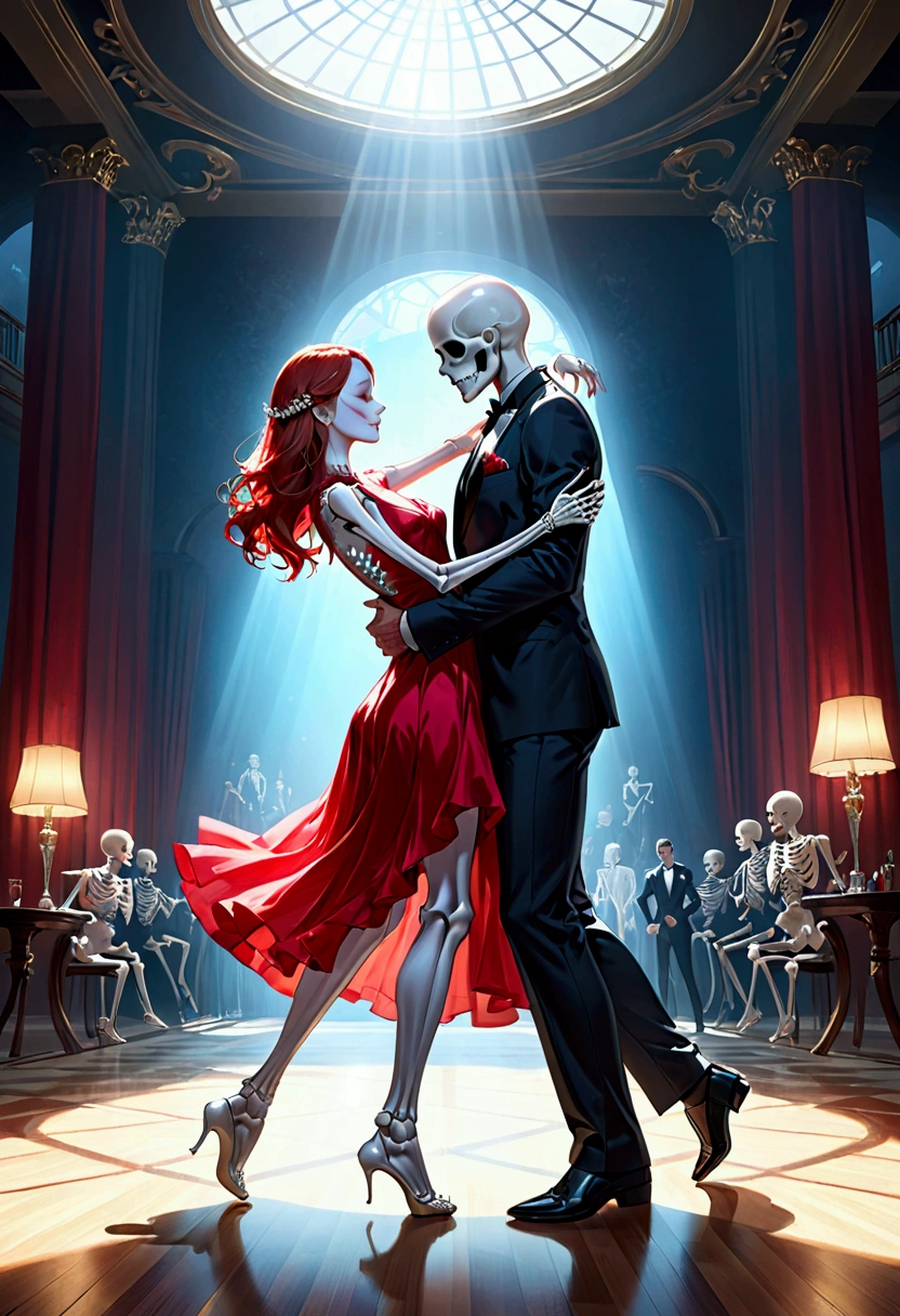 
8K, High resolution, A complex and intricate masterpiece, (Summer vacation:1.2), (Skeleton men and women dancing ballroom dance、Male skeleton wearing a black suit、The female skeleton is wearing a red dress、Two people in love、 Organic Shapes, Hard Edge, Anatomically correct body,  Ultra-realistic, elegant,Cinema Lighting, Very detailed, Vibrant colors, Octane Rendering、Unreal atmosphere, Award-winning works, Bright and rich colors, iridescent accents, Dramatic Shadows,Dynamic and atmospheric lighting, Anamorphic Lens, Sharp focus,