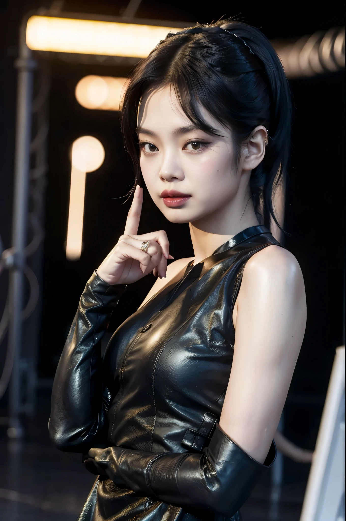 Jennie, blackpink, Short shoulder-length black hair, dressed as catwoman, realistic loose hair, black cat ears and marked arms
