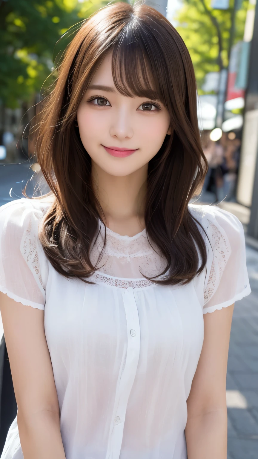 masutepiece, Best Quality, Illustration, Ultra-detailed, finely detail, hight resolution, 8K Wallpaper, Perfect dynamic composition, Beautiful detailed eyes, summer blouse setup clothes,Medium Hair,Small breasts natural color lip, Bold sexy poses,Smile,Harajuku、18 years girl、Cute、Sexy shot looking at camera