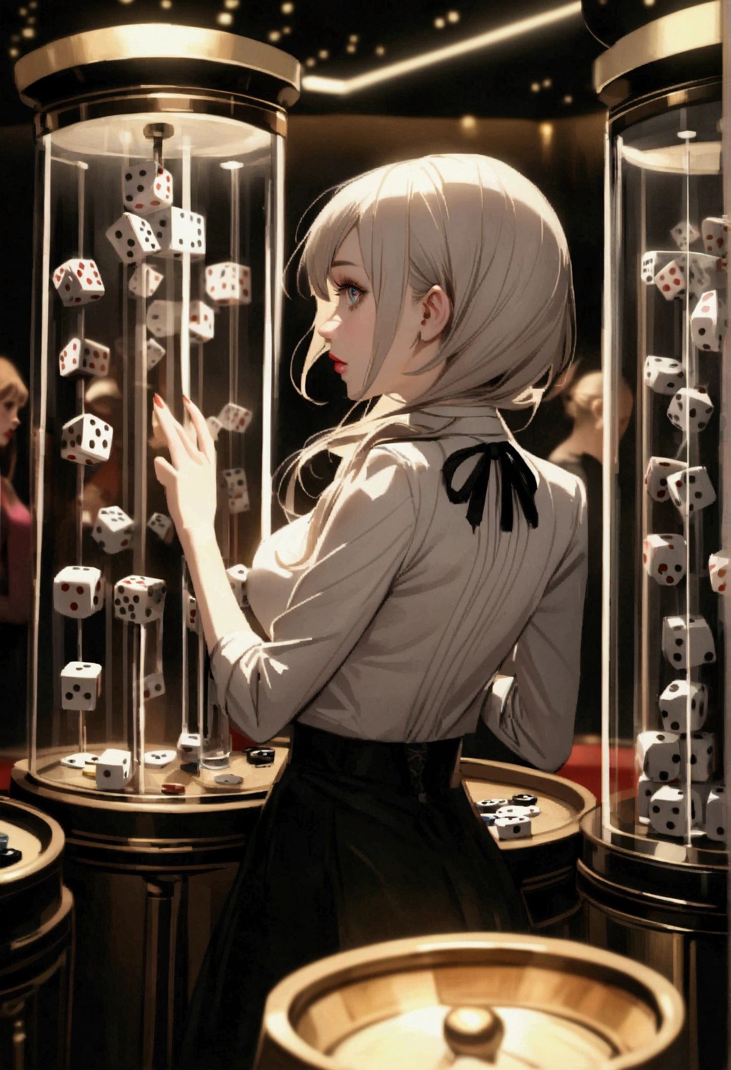 girl at a dice machine in casino, 3 large white dices in a glass cylinder, colorful casino atmosphere, beautiful detailed eyes, beautiful detailed lips, extremely detailed eyes and face, long eyelashes, elegant dress, intense game expression, dramatic lighting, neon lights, vibrant colors, photorealistic, 8k, highly detailed, cinematic, award winning photography