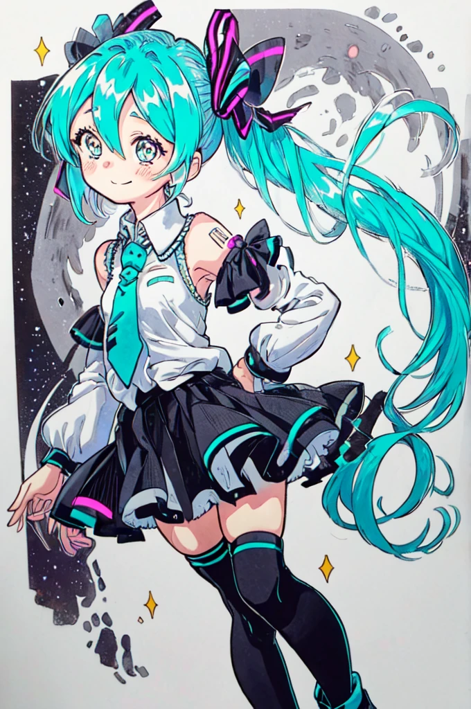 1girl, hatsune miku, solo, necktie, skirt, detached sleeves, twintails, chibi, smile, aqua hair, black skirt, aqua eyes, ssleeveless shirt, smile, full body, ahoge, pleated skirt, thighhighs, heart, aqua necktie, blush, hair bow, white shirt, bare shoulders, bow, boots, black sleeves, standing, striped, striped ribbon, sparkle, collared shirt, miniskirt,white background, Hatsune Miku, floating above the stars, space,