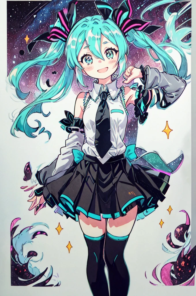 1girl, hatsune miku, solo, necktie, skirt, detached sleeves, twintails, chibi, smile, aqua hair, black skirt, aqua eyes, ssleeveless shirt, smile, full body, ahoge, pleated skirt, thighhighs, heart, aqua necktie, blush, hair bow, white shirt, bare shoulders, bow, boots, black sleeves, standing, striped, striped ribbon, sparkle, collared shirt, miniskirt,white background, Hatsune Miku, floating above the stars, space,