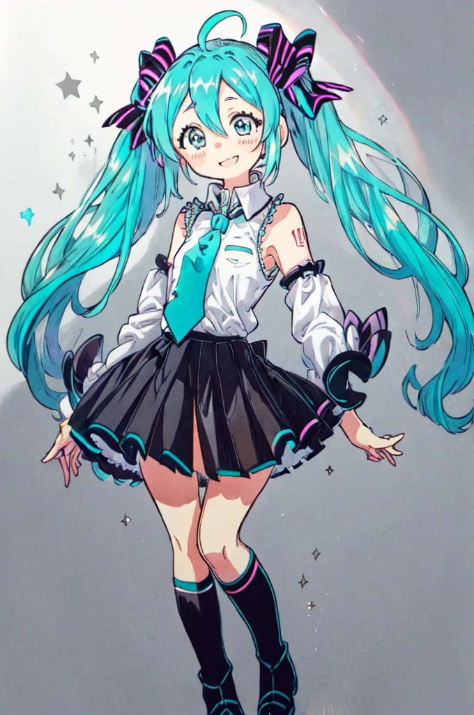 1girl, hatsune miku, solo, necktie, skirt, detached sleeves, twintails, chibi, smile, aqua hair, black skirt, aqua eyes, ssleeveless shirt, smile, full body, ahoge, pleated skirt, thighhighs, heart, aqua necktie, blush, hair bow, white shirt, bare shoulders, bow, boots, black sleeves, standing, striped, striped ribbon, sparkle, collared shirt, miniskirt,white background, Hatsune Miku, floating above the stars, space,