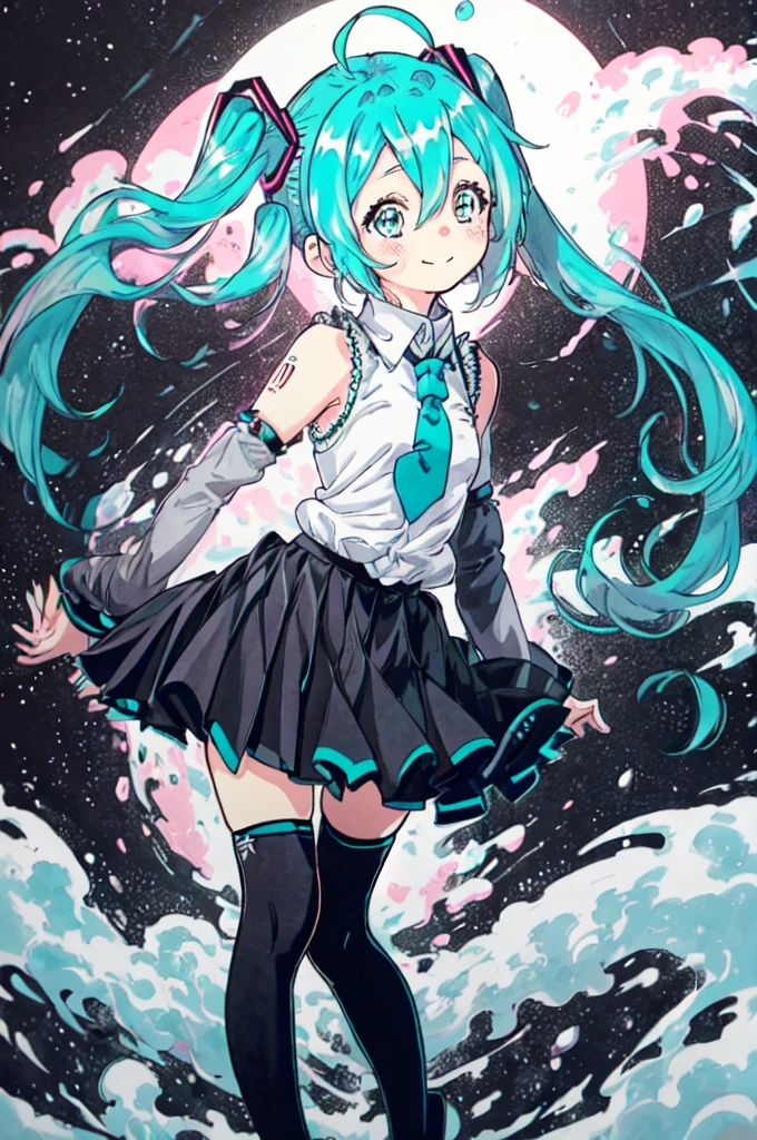 1girl, hatsune miku, solo, necktie, skirt, detached sleeves, twintails, chibi, smile, aqua hair, black skirt, aqua eyes, ssleeveless shirt, smile, full body, ahoge, pleated skirt, thighhighs, heart, aqua necktie, blush, hair bow, white shirt, bare shoulders, bow, boots, black sleeves, standing, striped, striped ribbon, sparkle, collared shirt, miniskirt,white background, Hatsune Miku, floating above the stars, space,