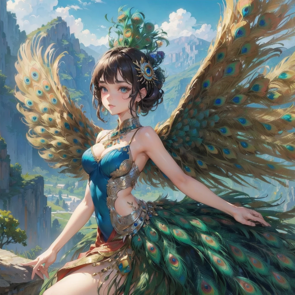 masterpiece, (textured skin), best quality, gorgeous beautiful girl, (a female
peacock wing),Samba dance,detailed clothes,large breasts,narrow waist,, (beautiful face), cinematic lighting, (fantasy anime art ),