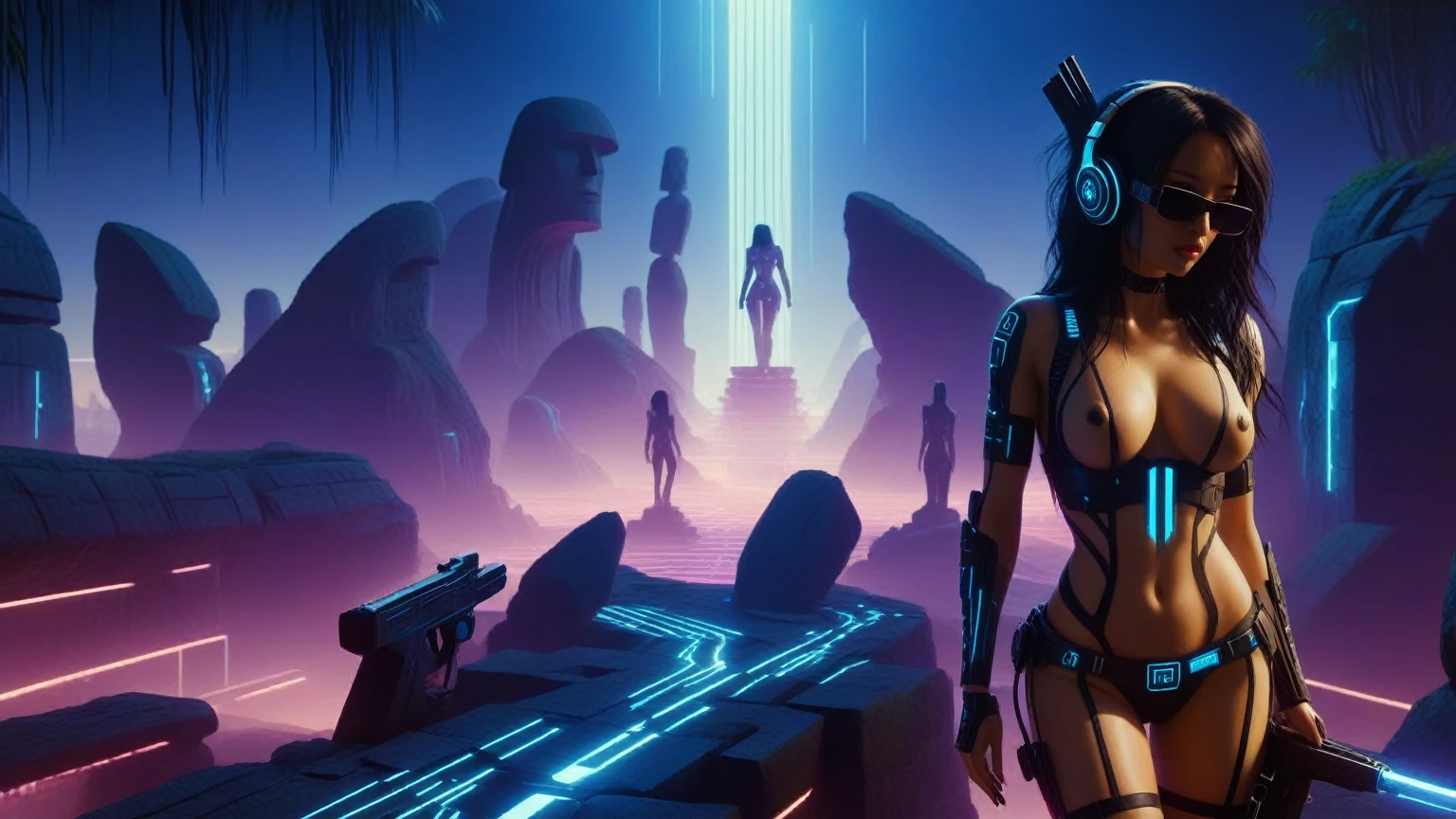 C7b3rp0nkStyle, dark night, prehistoric maze mysterial garden, moai statue, waterfall, cyberpunk, sci-fi, futuristic, tech. (((((1girl, solo, alone))))), medium-breast:1.1 slim body, cleavage, sexy clothes, (headphone, black sunglasses, long black realistic hair), (((hip-up standing and holding pistol))), half-body thigh level medium shot, cinematic lighting, lens flare, ray tracing.