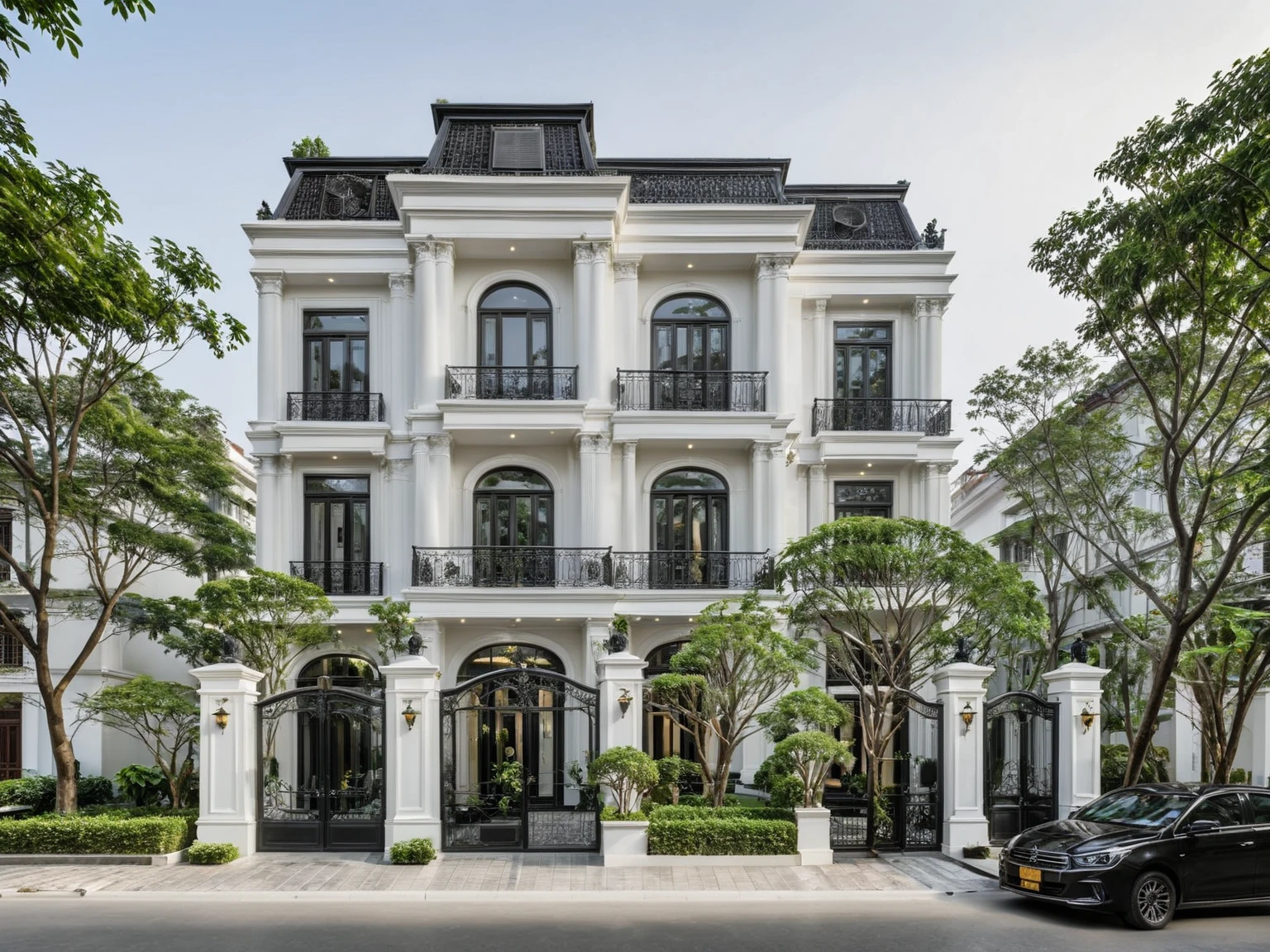 RAW photo,Exterior neo classic house, Inspired by French architecture, neo classic style, black and white, ((Highly detailed sculpted cornices at the tops of columns and walls)), French style roof, townhouse in residential area, The building is located in an urban area of Hanoi Vietnam, mix white and black steel facade, facing the road, (sidewalks), (sidewalk trees), (gate), (ultra realistic), (super high details:1.5), clean white sky, natural lighting, (curvilinear architecture:1.2), (sharpen:1.2), 8k uhd, dslr, soft lighting, high quality, film grain, Fujifilm XT3