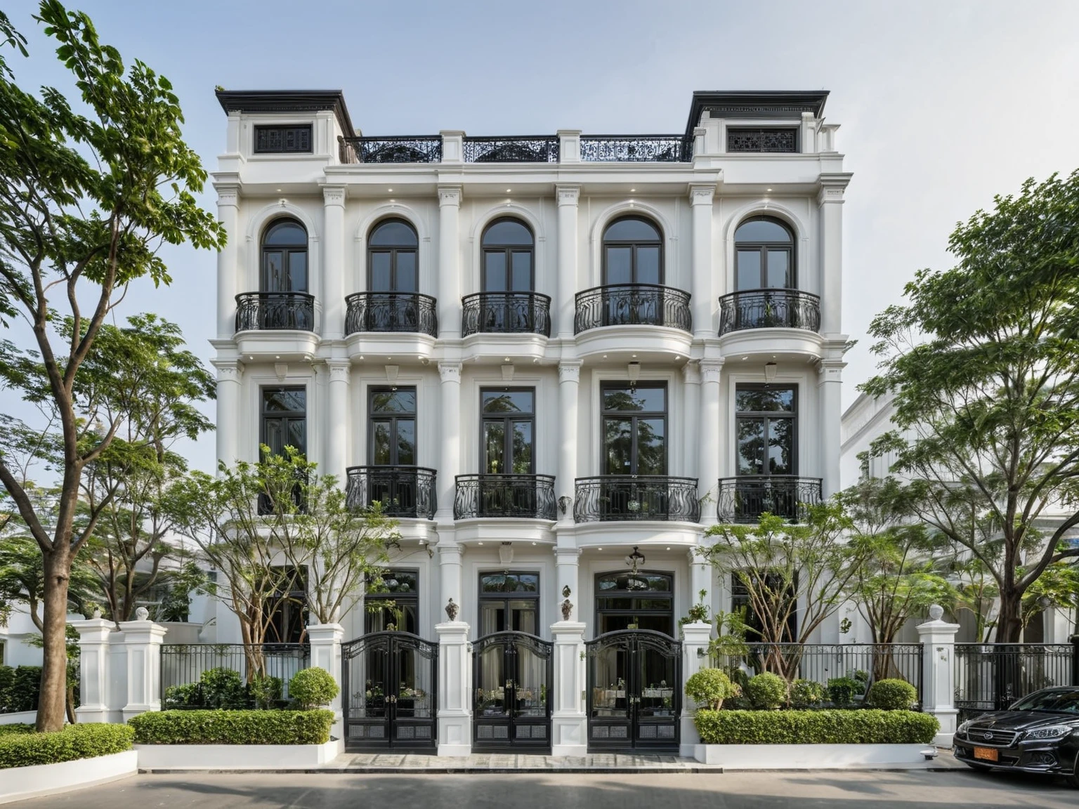 RAW photo,Exterior neo classic house, Inspired by French architecture, neo classic style, black and white, ((Highly detailed sculpted cornices at the tops of columns and walls)), French style roof, townhouse in residential area, The building is located in an urban area of Hanoi Vietnam, mix white and black steel facade, facing the road, (sidewalks), (sidewalk trees), (gate), (ultra realistic), (super high details:1.5), clean white sky, natural lighting, (curvilinear architecture:1.2), (sharpen:1.2), 8k uhd, dslr, soft lighting, high quality, film grain, Fujifilm XT3