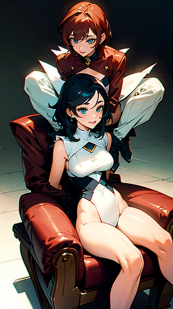 Two women sitting on a man's knees (one on each knee) while the man caresses their hair and they look at him with desire, women with appropriate clothing