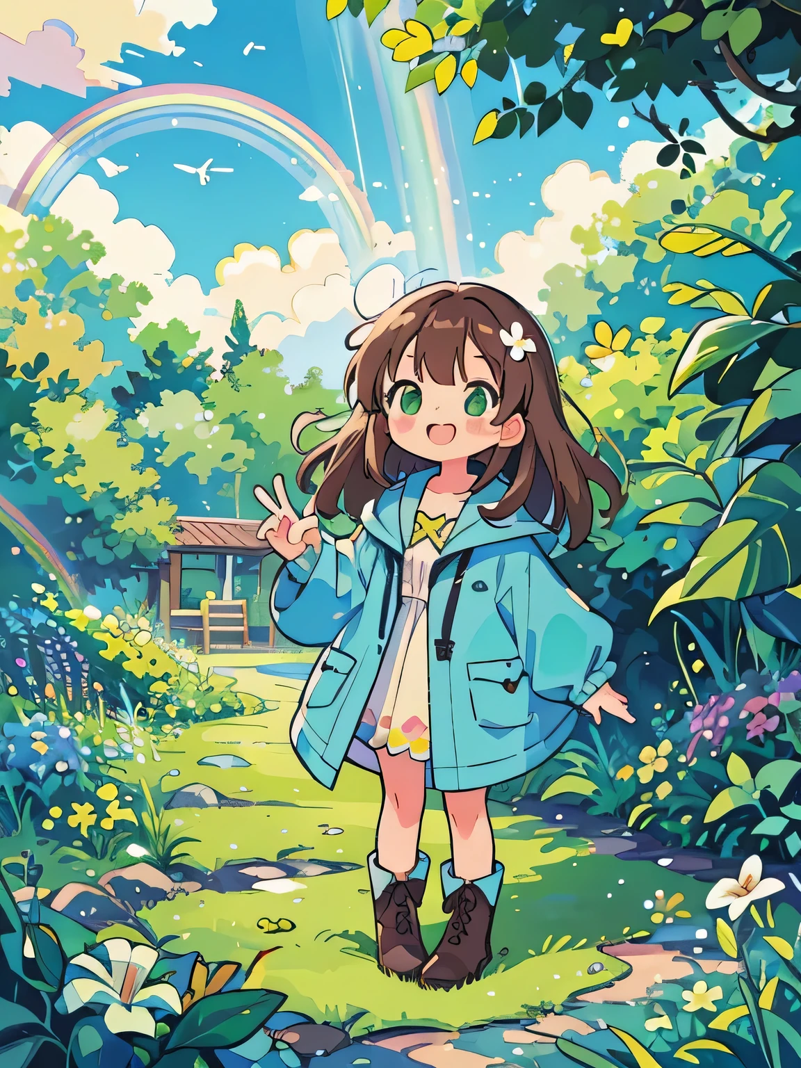 kawaii, anime, Cute, hyper quality, highly detailed, 16k, Front facing, Clarity, girl, brown long hair, green eyes, smile, girl, Elementary school student in a raincoat, Uplifting, private clothes, white kiwi flower, flower, a rainbow appears, bright blue sky, one piece, hands are peace sign, green, full green canvas, highlight on eyes, twist one's body, surrounded by greenery, lush plants, Clear skies, Long dark brown hair, look at the sky, There's a big rainbow, large amount of plants, All green, Vines, clear sky, ivy, look up at the sky, rainbow in the blue sky, whole body, boots, wet forest path, 	