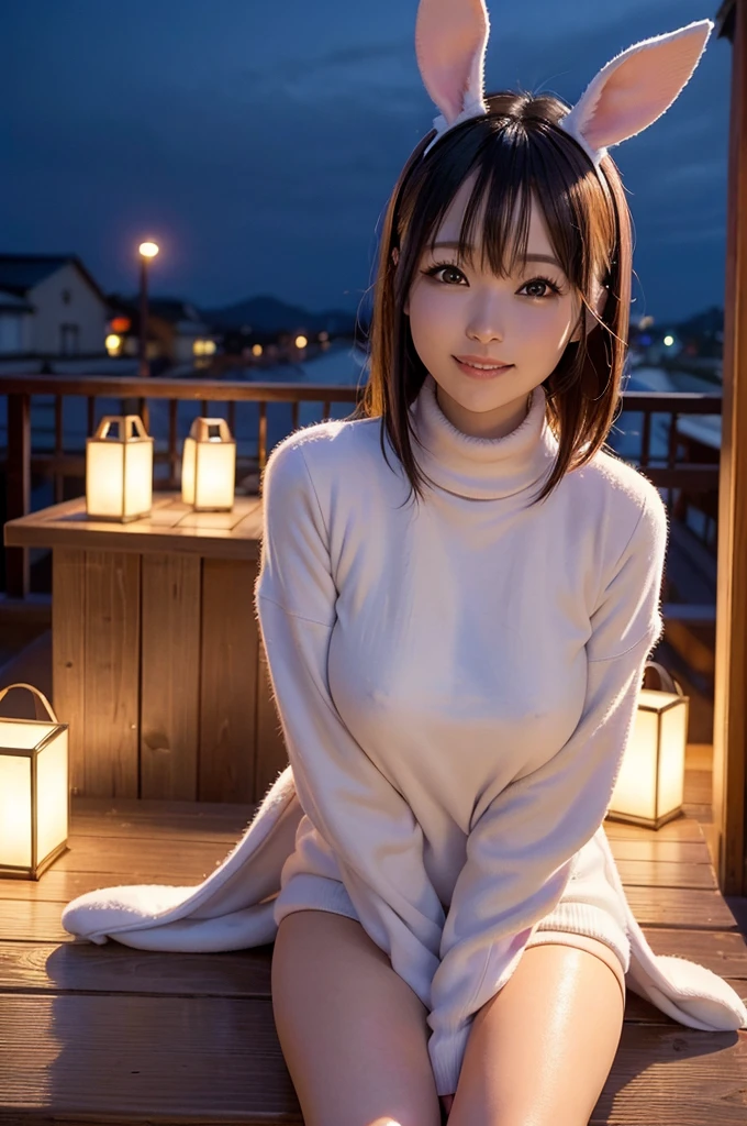 ((Highest quality, Best image quality, Ultra-high resolution)), (Photorealistic), (Realistic), (Ultra-high resolution), Tabletop, Highest quality, Raw photo, Ultra-realistic, Ultra-high resolution, Ray Tracing, ((1 Japanese woman wearing a rabbit costume)), turtleneck costume, (smile:1.2), (colorful hair, medium cut), Mouth closed, Beautiful Face, High resolution face, High resolution eyes, 24-year-old woman, Rooftop with night view,