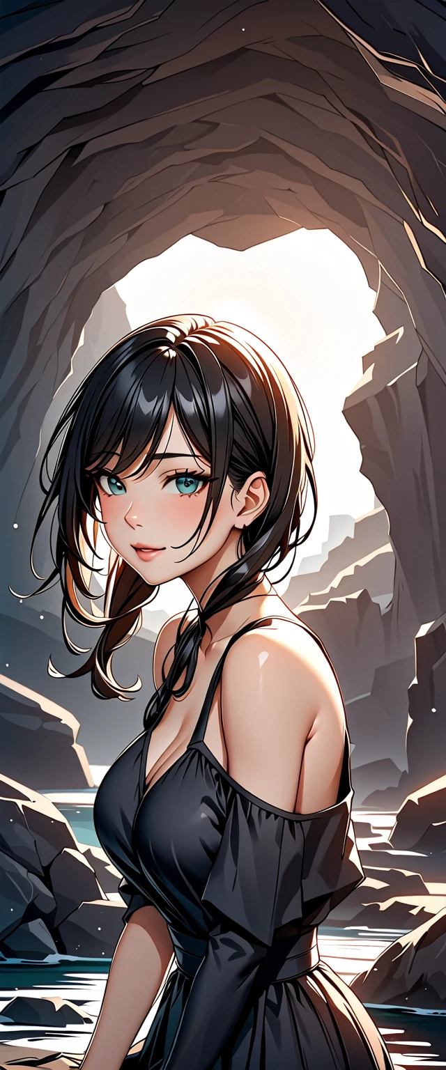 Photo of a woman with natural skin, Seaside cave, The light is shining in, Upper Body, Smiling, High Twintails, Black hair with red mesh, Sharp eyes with red eyeshadow, Blue-green eyes, Shining eyes, A thin, upturned nose, Well-shaped lips, Big Breasts, ((Black off-the-shoulder dress, Thin shoulder straps)), barefoot, Makeup, Exquisitely crafted with the utmost attention to detail, Vibrant, amazing, Smooth, Cinematic, 4K, Backlight, (()), Shallow depth of field, ((Detailed eyes:1.3, Detailed lips:1.3, high quality, )), masterpiece, Super detailed images, High quality