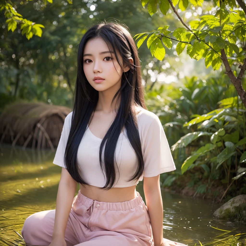ภาพถ่ายหน้าตรงThai anime, Female anime Araffe 25 30 years old, realistic: Open the aperture wide., professional lighting, Sony A7R4, 50 mm sitting lens. 2 ; Warm light, (digital painting, HDR, high contrast (digital painting, HDR, high contrast), (Highest quality),(Masterpiece:1.3),(sharp focus:1.2:),Old jeans torn, bright colored t-shirts, Looking straight at you intently, Long-haired woman with a round face, Red cheeks, Pink cheeks, black eyes ตาสองชั้น, black eyes, Thai anime, Has a large chest size of 38 inches.,  ponytail woman, flowing black hair, long flowing black hair, she has black hair, Her black hair was long and wavy., beautiful black hair, Extra dark natural black hair, The shirt is tight., Looks hot., ,black eyes,abdominal muscles, rounded chest, outdoor, The background is a rice field., There is an old thatched Thai-style hut in the background., The evening sun shines, beautiful female model, jaw-dropping beauty, realistically, 