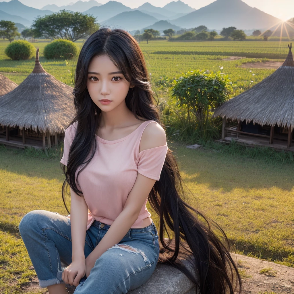 ภาพถ่ายหน้าตรงThai anime, Female anime Araffe 25 30 years old, realistic: Open the aperture wide., professional lighting, Sony A7R4, 50 mm sitting lens. 2 ; Warm light, (digital painting, HDR, high contrast (digital painting, HDR, high contrast), (Highest quality),(Masterpiece:1.3),(sharp focus:1.2:),Old jeans torn, bright colored t-shirts, Looking straight at you intently, Long-haired woman with a round face, Red cheeks, Pink cheeks, black eyes ตาสองชั้น, black eyes, Thai anime, Has a large chest size of 38 inches., ponytail woman, flowing black hair, long flowing black hair, she has black hair, Her black hair was long and wavy., beautiful black hair, Extra dark natural black hair, The shirt is tight., Looks hot., ,black eyes,abdominal muscles, rounded chest, outdoor, The background is a rice field., There is an old thatched Thai-style hut in the background., The evening sun shines, beautiful female model, jaw-dropping beauty, realistically,