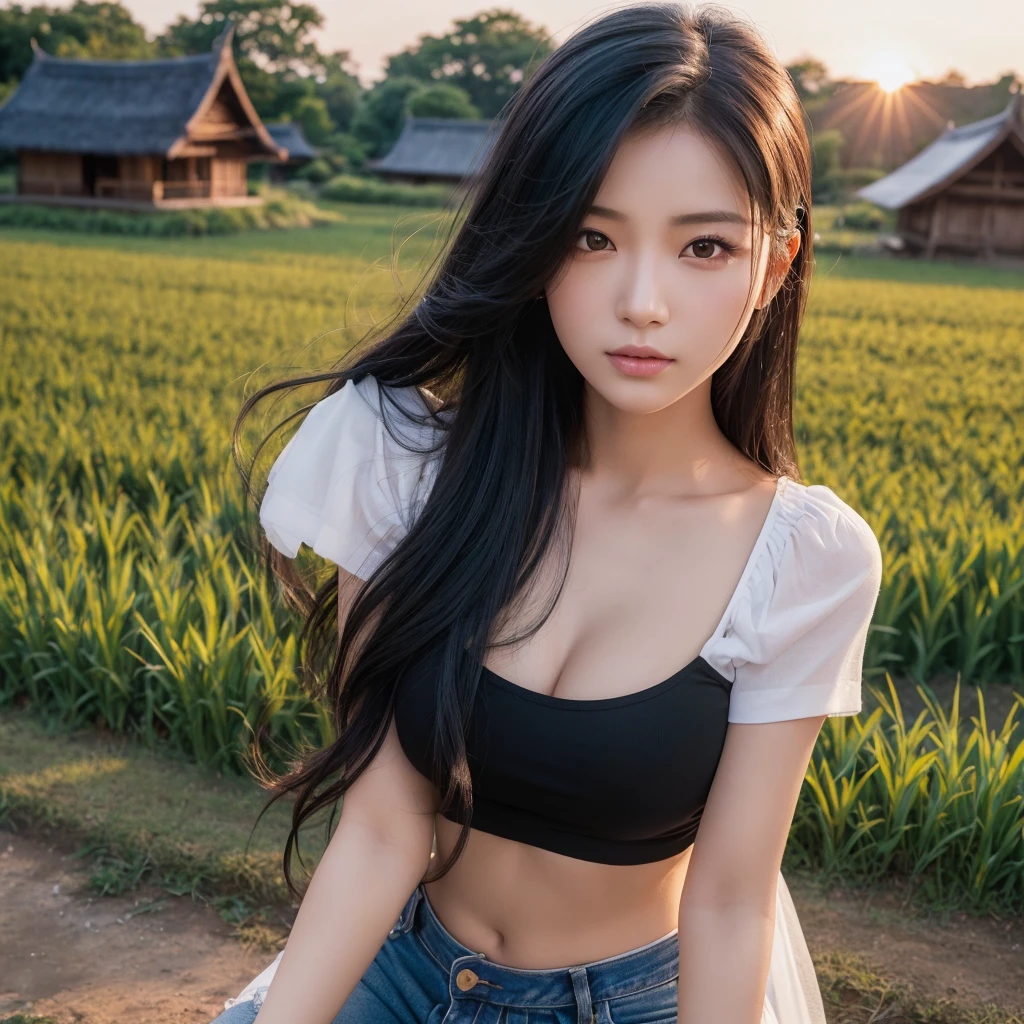 ภาพถ่ายหน้าตรงThai anime, Female anime Araffe 25 30 years old, realistic: Open the aperture wide., professional lighting, Sony A7R4, 50 mm sitting lens. 2 ; Warm light, (digital painting, HDR, high contrast (digital painting, HDR, high contrast), (Highest quality),(Masterpiece:1.3),(sharp focus:1.2:),Old jeans torn, bright colored t-shirts, Looking straight at you intently, Long-haired woman with a round face, Red cheeks, Pink cheeks, black eyes ตาสองชั้น, black eyes, Thai anime, Has a large chest size of 38 inches., ponytail woman, flowing black hair, long flowing black hair, she has black hair, Her black hair was long and wavy., beautiful black hair, Extra dark natural black hair, The shirt is tight., Looks hot., ,black eyes,abdominal muscles, rounded chest, outdoor, The background is a rice field., There is an old thatched Thai-style hut in the background., The evening sun shines, beautiful female model, jaw-dropping beauty, realistically,