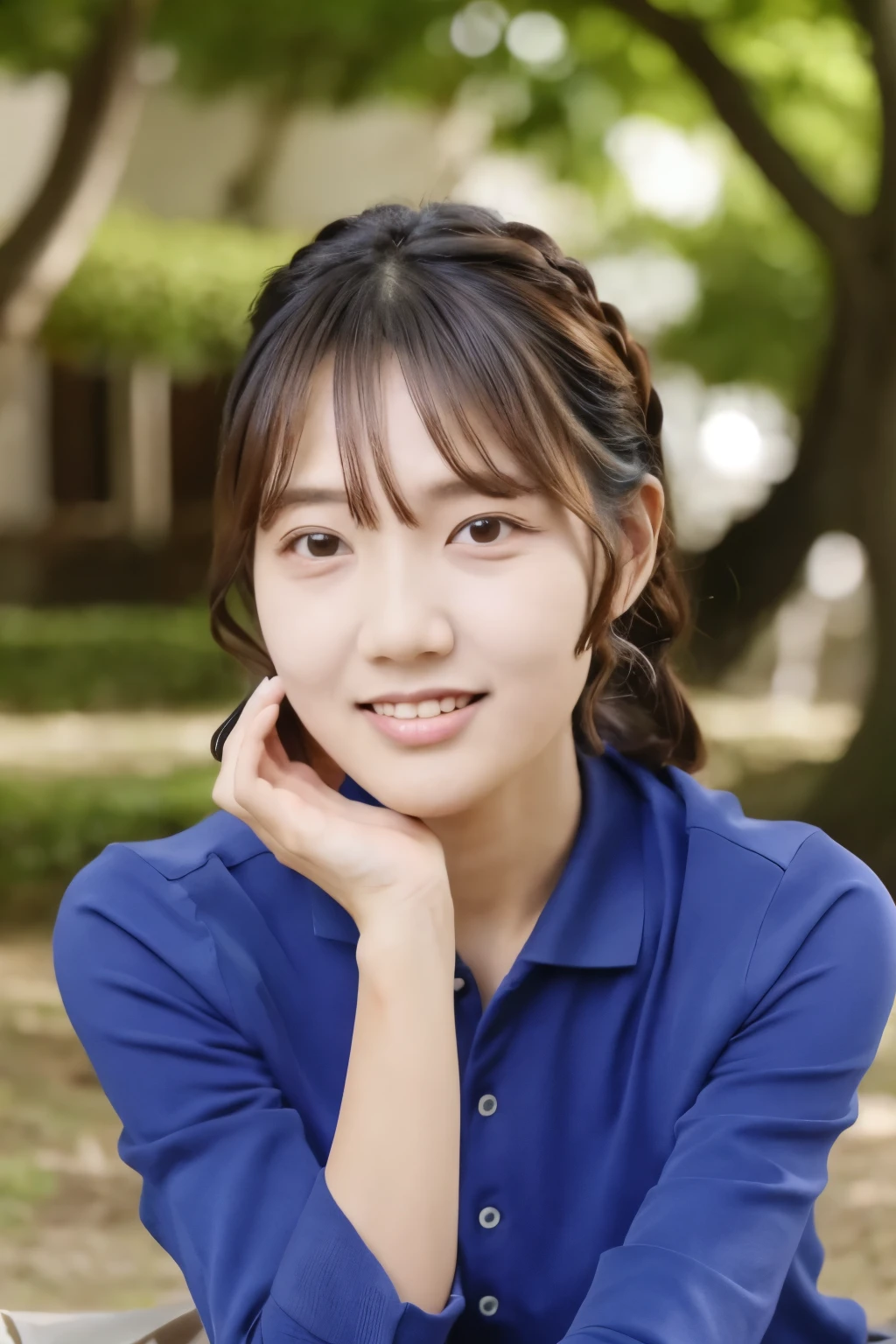 Top quality, realistic, perfect human body structure, very detailed, very delicate and beautiful, RAW photography, beach, professional lighting, luminescence, depth of field, single focal, full body, Skinny Japanese lady, 30 year old lady, brown hair, small head, beautiful eyes, real face, realistic skin, detailed eyes, (fashionable hairstyle: 1.3), sexy pose, absurderes, Incredibly Ridiculous res, Extremely fine, Blouse