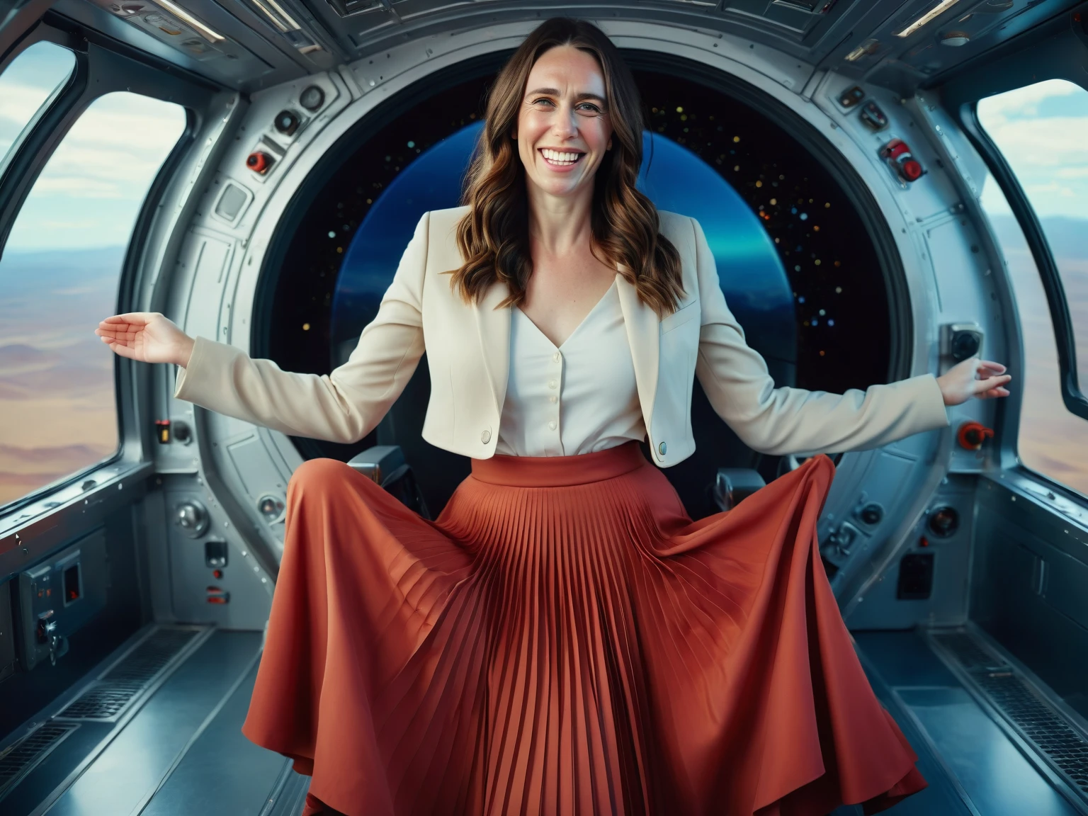 Insatiable Skirt lover and kind, shy woman Jacinda Ardern has Intense Orgasming love for her skirt, sitting and wearing (long pleated full circle skirt), uniform jacket and strapless low pump office shoes, (pronounced (feminine) features), (very windy), skirt is flowing wildly in the wind, inside a spaceship travelling through deep space, very, very intricate hyper-detailed symmetric (attractive graceful young feminine face) with (sad, tired eyes and a loving smile), very voluptuous breasts, full of empathy and compassion and love, (pronounced (feminine) features), (highly detailed ultra accurate realistic) hands and fingers, (windy), epic composition, highly detailed attributes, (35mm f1.4 Kodak portra 400 photograph), extremely high quality RAW photograph, highly detailed atmosphere, sci-fi, cinematic shot, dynamic lighting, 75mm, Technicolor, Panavision, cinemascope, sharp focus, fine details, 8k, HDR, realism, realistic, key visual, film still, superb cinematic color grading, depth of field