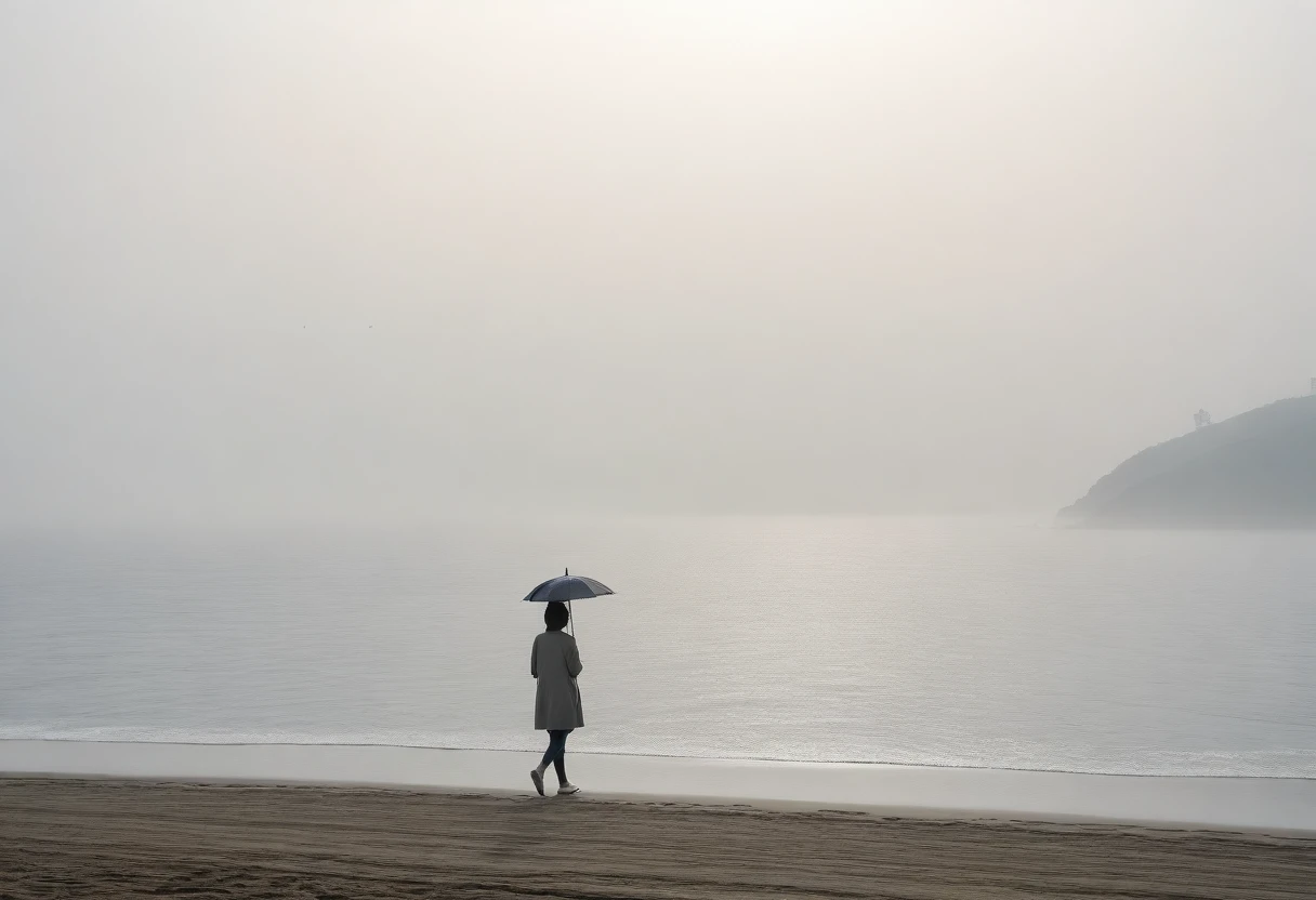 Good Long Beach, Short haired woman walking from afar, alone, A horizon without any mountains, Fog가 낀, afternoon, depressed, tide가 밀려온다, Fog, ocean, tide, umbrella , short korean woman