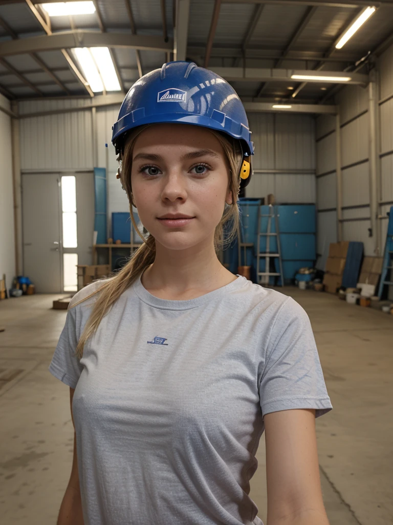 Selfie ,fille blonde, travail dans une usine, 21 ans , very realistic background, you three realiste , photo prise de près, site helmet, site outfit , t shirt,